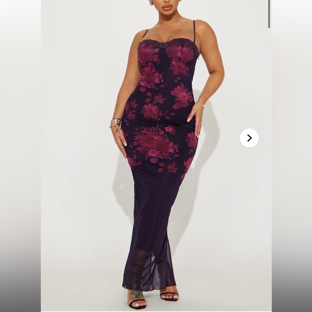 Fashion Nova purple floral printed mesh maxi dress